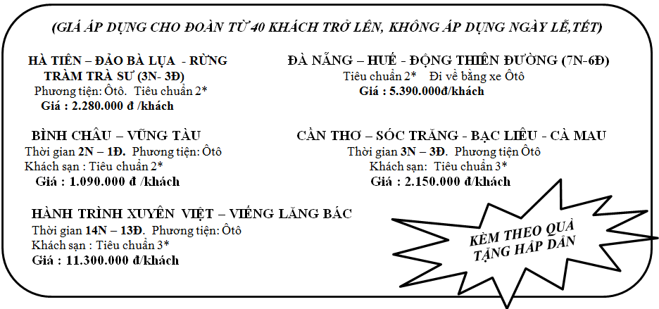 Bảng giá tour khách đoàn 